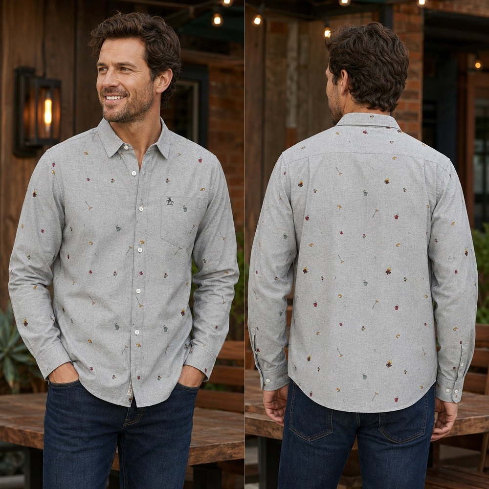 Original Penguin Mens Heritage Slim Fit Grey Novelty Print Button Down Shirt L
